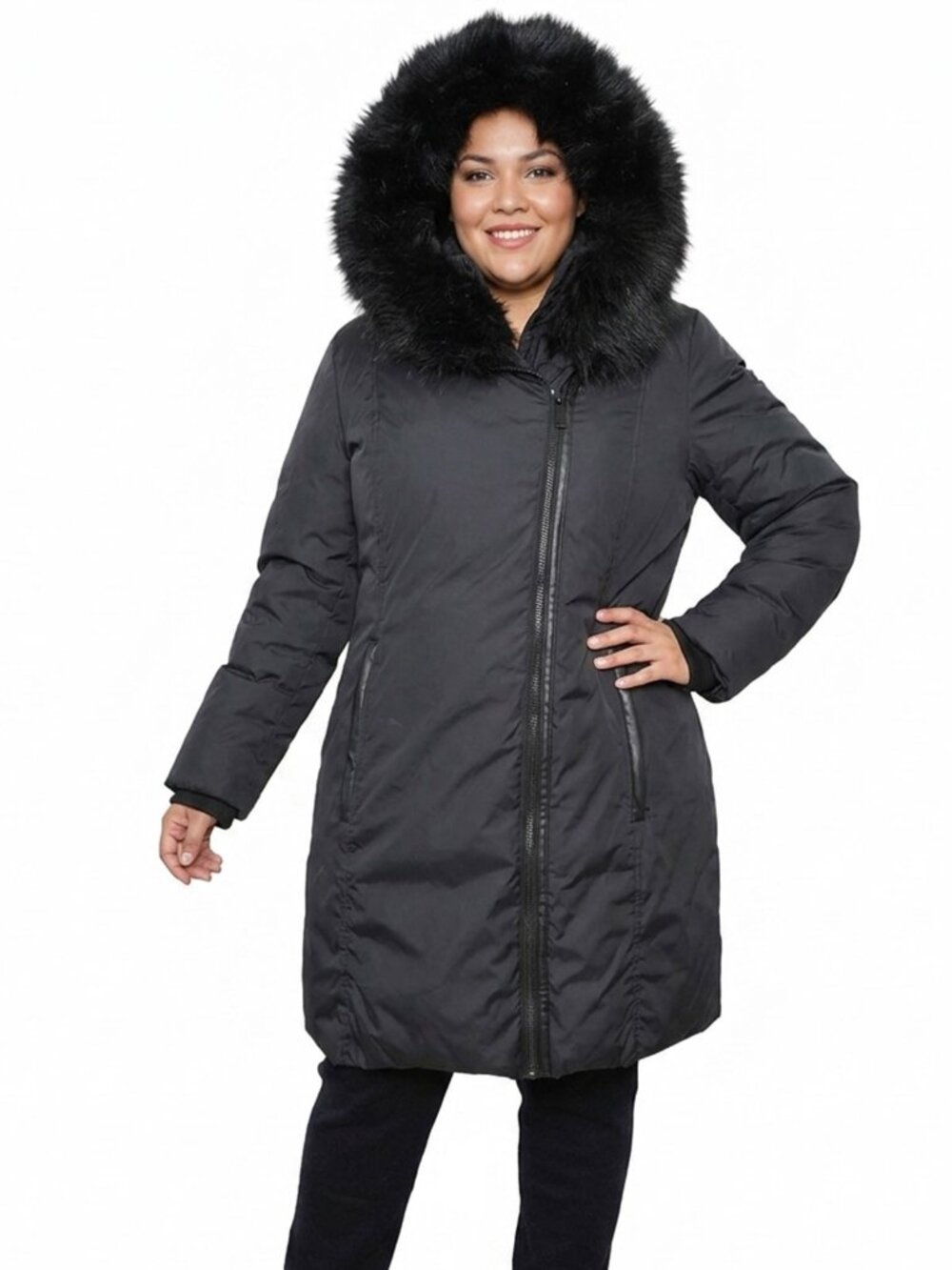 DKNY Black Puffer Parka Jacket Asymmetrical Zip Faux Fur Hood Coat Plus XL